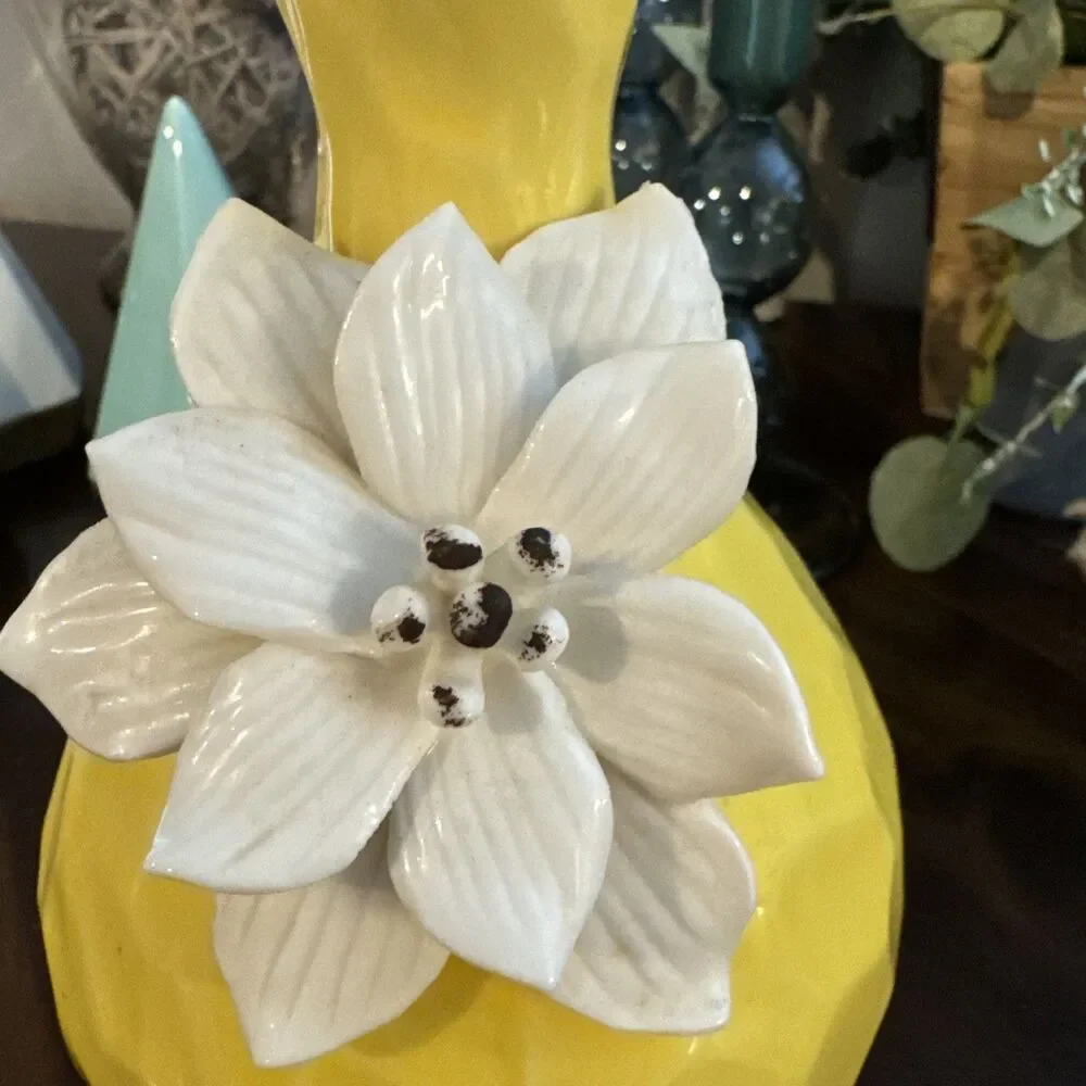 MCM Inspired Yellow Ceramic Vase With White Flower | Rare
